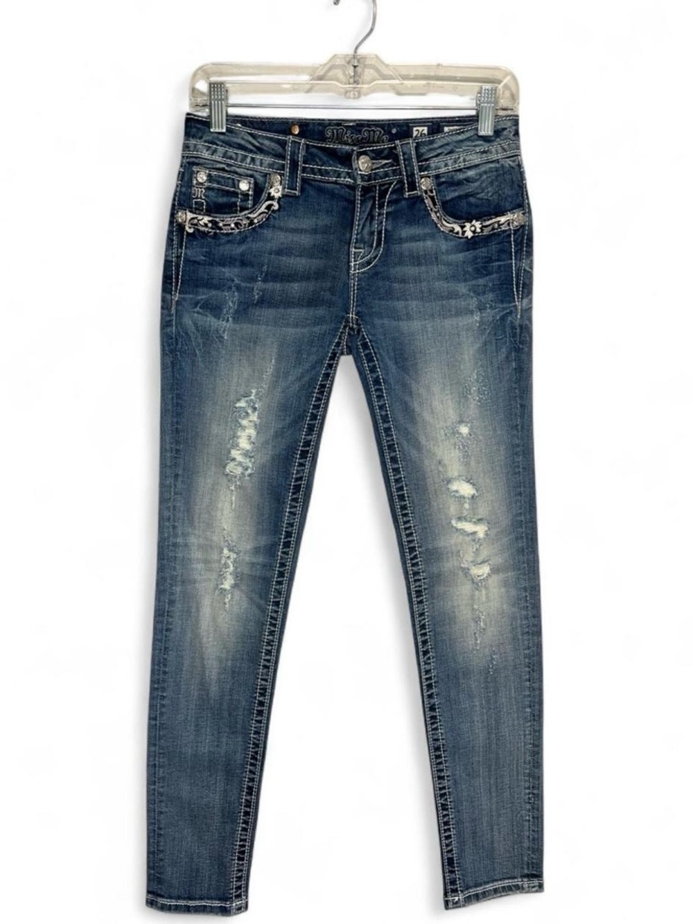 Y2K style miss me low rise skinny jeans with pink embroidery and bling